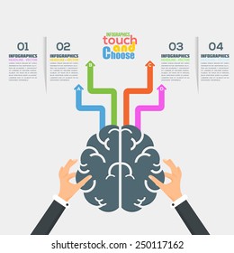 Manos sostienen el símbolo del cerebro Infografía plana Plantilla y flecha Web Elementos - Negocios, Marketing Touch y Elegir Concepto Diseño de Vector 