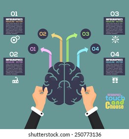 Hands hold Brain Symbol Flat Infographics Template and Arrow Web Elements - Business, Marketing Touch and Choose Concept Vector Design 