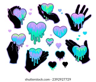 Las manos sostienen corazones brillantes cayendo en gotas. Ilustración estilizada de vectores