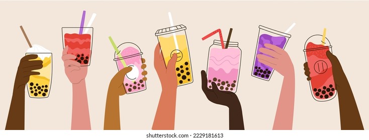 Hands hold bubble tea shakes. Milkshake, asian smoothie and mocha in glasses. Drink party, sweet beverages desserts, decent bubbles drinks vector banner