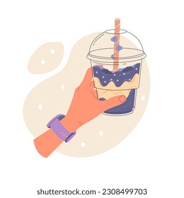 Hands hold bubble tea shakes. Milkshake, asian smoothie and mocha in glasses. Drink party, sweet beverages desserts, decent bubbles drinks. Vector stock illustration.