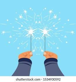Hands hold burning sparklers, firework on blue background. Vector illustration of bengal lights in hands