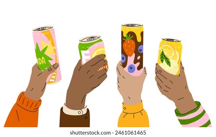 Hands hold cans of soda and juices. Party with energy refreshing drinks. Bright packaging for summer products. Vector illustration isolated on transparent background.