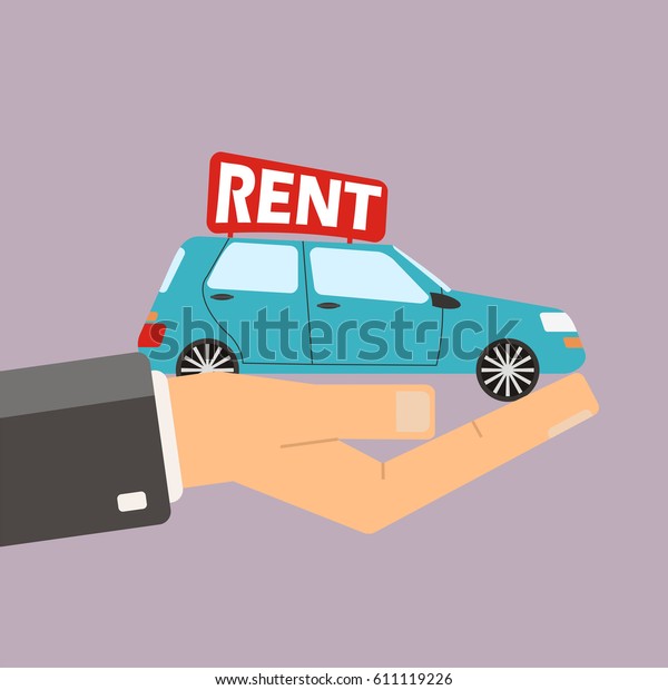 Hands hold\
car for rent. Buying or rent car.\
Vector