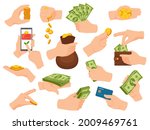Hands hold cash. Human arm give money and pay in dollar bill banknotes, coin piles, card and phone app. Hand with wallet and bag vector set. Illustration of hand with cash, money banking card