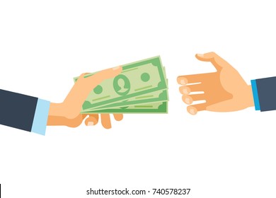 Hands hold cash money, financial bills. Concept of financial operations with cash, investments and savings, deposits, money turnover, funding, bribe, donation, payday. Vector illustration isolated.