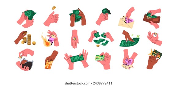 Hands hold cash money set. Golden coins, dollar and euro banknotes, plastic credit cards. People count, spend, save up in financial savings. Flat isolated vector illustration on white background