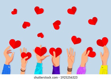 Hands hold, catch hearts in cartoon style, flat on a blue background. Vector set of hand drawings with hearts. Banner, valentine's day, holiday, love, decoration.