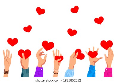 Hands hold, catch hearts in cartoon style, flat style on a white isolated background. Vector set of hand drawings with hearts. Banner, valentine's day, holiday, love, decoration.