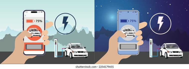 Hands hold cell smart phones charging electric car battery vehicle at recharging power station. Modern mobile app and EV Charging Station Management. Vector illustration.