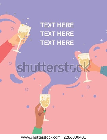 Hands hold champagne and cocktail glass clink, Cocktail party banner. 
