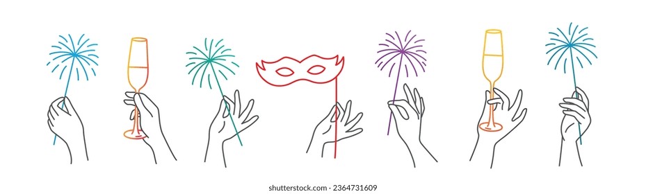 Hands hold champagne, sparklers, carnival mask. Celebration of New Year, birthday, Christmas. Hand drawn vector illustration.