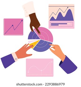 Hände halten das Diagramm. Infografiken. Konzeptiert Teamarbeit und Investitionen mit einem Diagramm. Online-Marketing, Finanzbericht-Diagramm, Datenanalyse, Web-Entwicklung Konzept.  Vektorgrafik