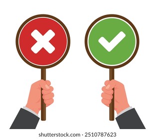 Hands hold check mark cross x and tick v round banner plate business concept flat design. stock illustration