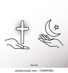 Hands hold the Christian and Islamic symbol,Vector image, flat design, Black-and-white