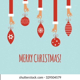 A lot of hands hold christmas balls.  Vector colorful illustration in flat design style