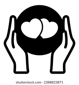 Hands hold circle cup with hearts solid icon, dating and relationship concept, love vector sign on white background, glyph style icon for mobile concept and web design. Vector graphics