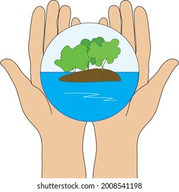 hands hold a circle with a part of the landscape