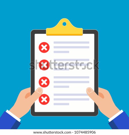 Hands hold clipboard with claim form on it, paper sheets, check marks cross X in the red circle on the list isolated on light blue background vector illustration