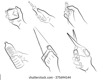 Hands hold the clock, thread, scissors, a bottle, a saw, a screwdriver