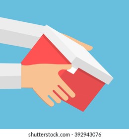 Hands hold closed gift with fireworks from confetti background.  Gift box in hands. Parcel in hand. Hands hold box with secret. Gift with surprise. Vector illustration.
