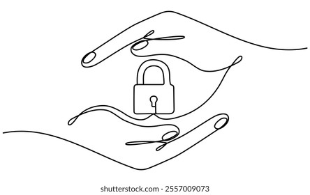 Hands hold closed padlock continuous line drawing. Protect and security symbol in human arms. Vector hand drawn illustration isolated on white.	