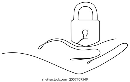 Hands hold closed padlock continuous line drawing. Protect and security symbol in human arms. Vector hand drawn illustration isolated on white.	