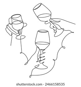 Hands hold cocktail clinking glass.Cheers toast, festive hand drawn alcohol drink decoration for holidays,romantic Valentine's Day design. Isolated.Vector illustration