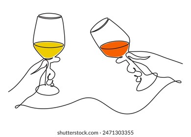 Hands hold cocktail clinking glass.Cheers toast, festive hand drawn alcohol drink decoration for holidays,romantic Valentine's Day design. Isolated.Vector illustration