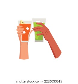 Hands hold cocktail glasses, flat vector illustration isolated on white background. Friends drinking together. Concepts of party, celebration and toast. People click with alcohol beverages.