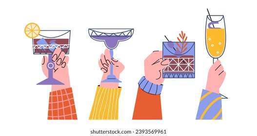 Hands hold cocktails and cheers. Hands with alcoholic drinks, champagne, wine, mojito. friends drinking a toast to friendship in a bar, party concept. Cartoon vector illustration