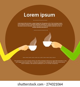 Hands Hold Coffee Cup over Brown Background Copy Space Flat Vector Illustration