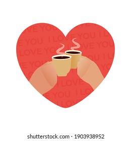 Hände halten Kaffeekuchen in Heart Form mit Textur. Moderne Flach-Vektorgrafik. Werbung für soziale Medien