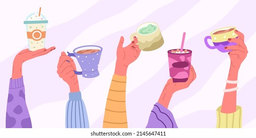 Manos sujetan tazas de café o té, tazas de bebidas calientes afiche. Manos de dibujos animados con café caliente, latte, cacao o matcha tazas de símbolos vectores ilustración. Mugs de mano femeninas