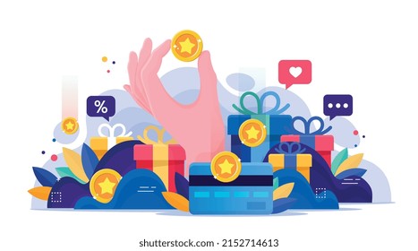Hands hold coins. Poster or banner for website, promotion of goods on Internet. Holiday sale, discounts and cashback. Percentage of purchases, online shopping. Cartoon flat vector illustration