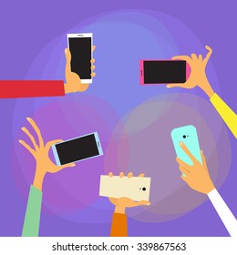 Hands Hold Colorful Smart Phones Flat Vector Illustration