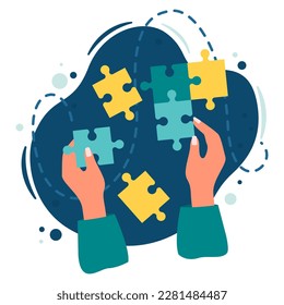 Hands hold and connect puzzle elements.
Top view of the process. Vector illustration isolated on white background. Flat cartoon style