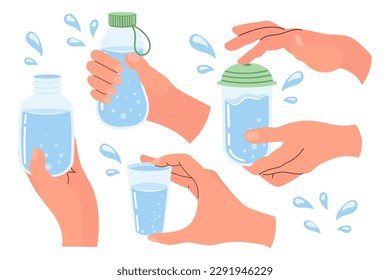 Las manos sostienen contenedores de agua. Gafas, botellas con agua limpia. Conjunto de partes. Vector