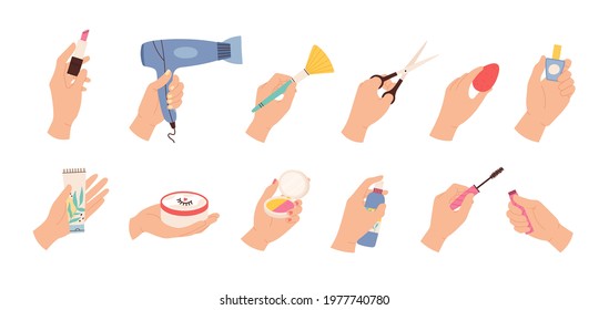 Hands hold cosmetic. Female hairdresser and stylist hand with scissors, hair dryer and beauty products, nail polish and creams, vector set. Illustration hand with care tools to make up