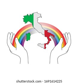 Hands hold country of Italy with national flag inside. Everything will be fine. Rainbow icon logo. Hand drawn template for art used by italians during quarantine in fighting with coronavirus COVID-19.