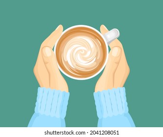 Hands hold cup of cappuccino. Coffee Top view. Vector cartoon flat illustration.