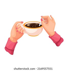 Hands hold cup of coffee or black tea and spoon to stir sugar in hot drink vector illustration. Cartoon person drinking isolated brown morning beverage with caffeine in cafe, shop, coffeehouse