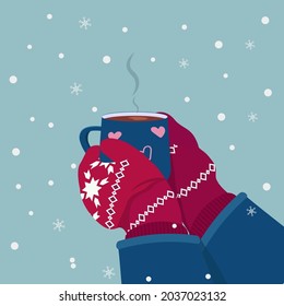 Hands hold cup of coffee in knitted winter gloves. Winter cozy illustration of drinking coffee, cappuccino.