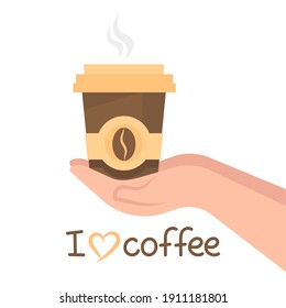 Hands hold a cup of coffee. Latte art. Beverage in disposable cup takeaway. I love coffee concept. Flat cartoon style vector illustration