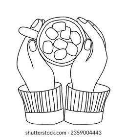 Hands hold cup with hot chocolate and marshmallow, doodle flat vector outline for coloring book