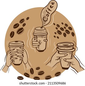 Hands hold a cup, a mug of hot coffee. Concept for coffee shop, home or menu. Vector illustration for cafe decoration.