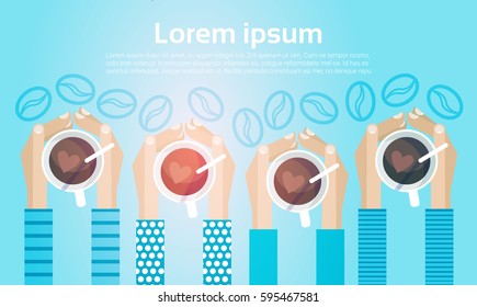 Hands Hold Cup Tea Coffee Break Morning Beverage Banner Flat Vector Illustration