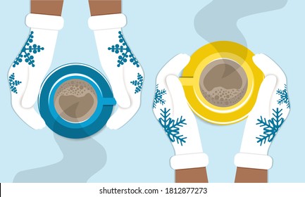 Hands hold cups of coffee in knitted winter gloves. Winter cozy illustration of two friends drinking coffee, cappuccino.