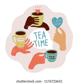 Hands hold cups of coffee and tea on a pink background. Tea drinking. Coffee break. Vector illustration. Isolated.