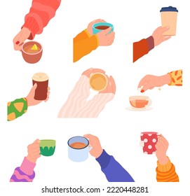 Hands hold cups with hot tea and coffee. Warming delicious drinks in men and women hands. Vector illustration